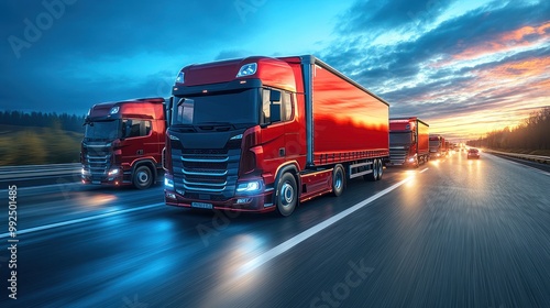 A line of red semi-trailer trucks driving on a highway at sunset.