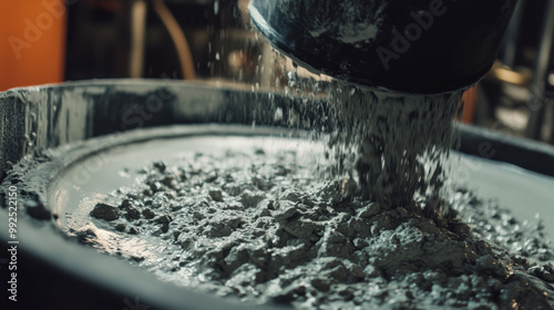 Mixing concrete in large container, process showcases pouring of gray mixture from bucket into vat. texture is gritty and wet, emphasizing industrial nature of construction work