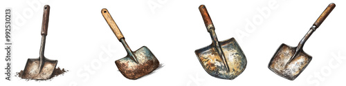 Collection of old rustic and worn shovels or gardening tools lying on the dirty muddy ground in an outdoor construction or farm setting