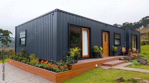 Minimalist container house with a small, integrated garden on the rooftop, rooftop garden, urban oasis