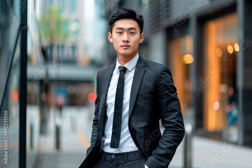 Attractive asian business man wearing elegant suit posing at skyscraper modern building