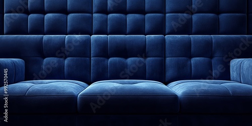 A plush, navy blue couch with a tufted backrest and seat cushions, offering a comfortable and inviting seating experience.