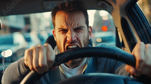 A frustrated driver stuck in traffic, gripping the steering wheel with an angry expression