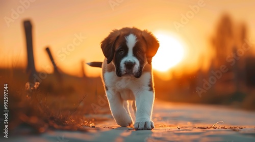 Cute saint bernard puppy playing outside before dawn