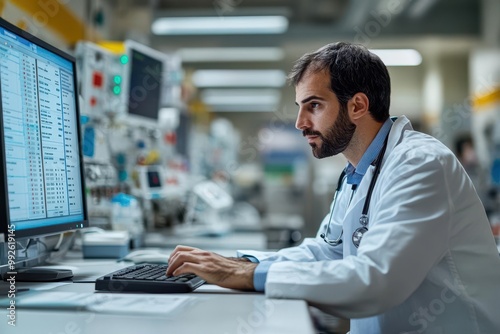 Logistics manager reviewing shipment tracking on a computer in a hospital control room, healthcare logistics, real-time tracking