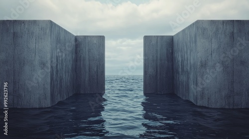 Trade winds blocked by large barriers in a symbolic ocean, 3D illustration