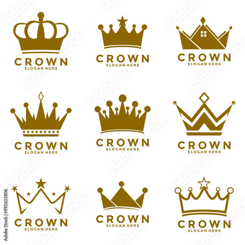 Gold Crown set Logo Design, Collection of crown silhouette, vector.