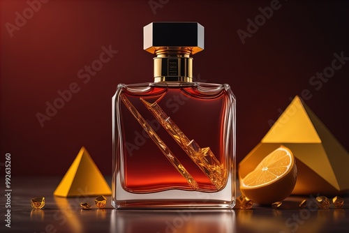 Creative and brandless Perfume bottle and flower on the wooden table, closeup. ai generative