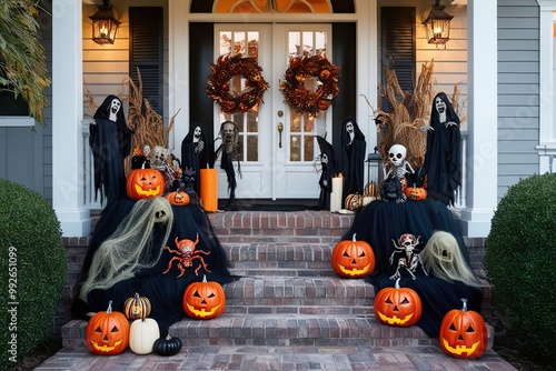 Halloween Decorated Home Featuring Spooky Creatures and Festive Accents