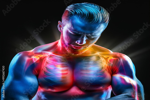 a man with chest pain and chest neon light showing injuries, vivid 