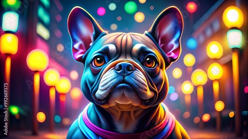 Delightful cartoon of a French Bulldog showcasing a playful grin, surrounded by a vivid, colorful backdrop that