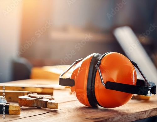 Close up of orange earmuffs on table in workshop. Safety, construction concept.