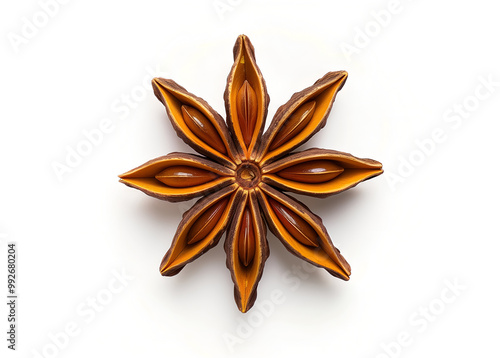 Spicy star anise isolated on white background. Star anise fruit. Top view of chinese badiane spice.