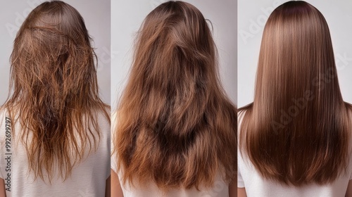 The image showcases hair transitioning from frizzy and unkempt on the left to smooth and straight on the right, highlighting a hair transformation process.