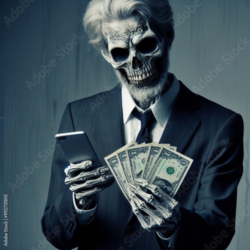 A businessman in a suit holding dollar bills with a scary skull face mask, blending Halloween horror and business themes