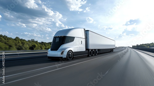 A sleek, futuristic semi-truck speeds down a highway, its white cab and trailer gleaming under a bright blue sky.