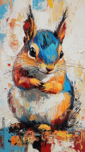 Abstract Expressionism squirrel, painted with wild, bold strokes and intense colors.