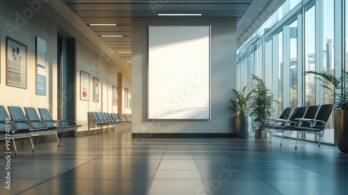 Mockup of an empty white poster in a modern hospital waiting room