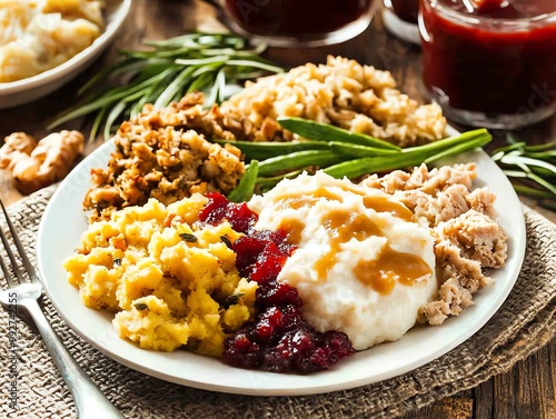 Thanksgiving dinner plate with traditional sides like mashed potatoes, stuffing, and gravy