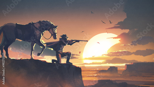 A dramatic scene of a cowboy sitting beside his horse, aiming his gun from the edge of a cliff, silhouetted against a vivid sunset , digital art style, illustration painting