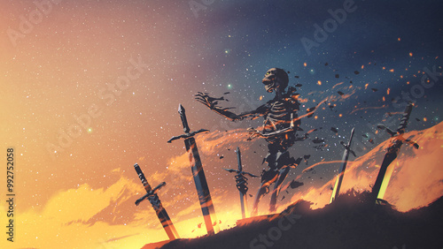 A dramatic graphic of a skeleton ghost engulfed in radiant holy light, symbolizing a clash between dark spirits and divine forces., digital art style, illustration painting