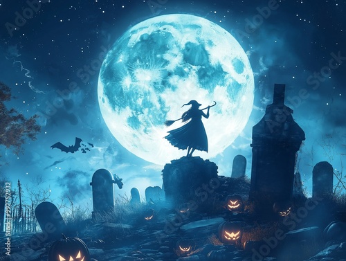 A ruined cemetery, a witch flying on a broomstick against the background of the moon, in the foreground pumpkins illuminated from the inside