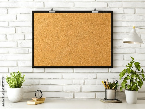 A cork board on a white desk next to a lamp and a plant