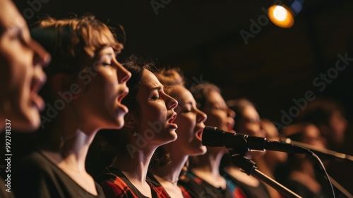 A choir of singers perform on stage, their faces lit by the stage lights. The singers are passionate and energetic.