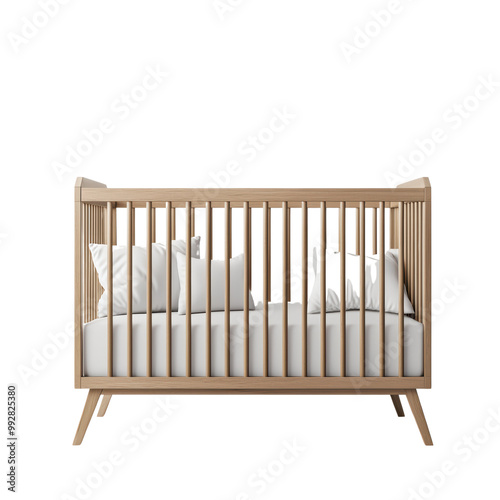 Modern Wooden Baby Crib with White Bedding Isolated on Transparent Background