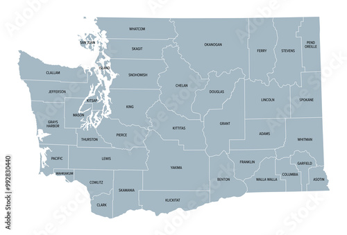 Washington, U.S. state subdivided into 39 counties, gray political map with borders and county names. Westernmost state in the Pacific Northwest region of the United States, nicknamed Evergreen State.