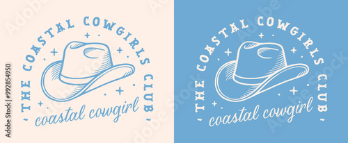 Coastal cowgirl club squad west coast western girly aesthetic country girl hat sticker. Retro vintage boho pastel blue cowboy quotes printable women girls trip matching shirt design clothing cut file.