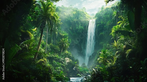 A lush green jungle with a waterfall in the background