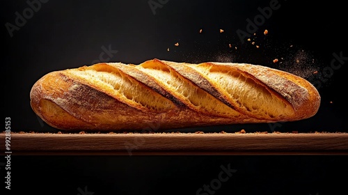 Golden Crust, Rustic Charm: A freshly baked baguette floats, crumbs scattering in mid-air, against a dark background, showcasing its golden crust and rustic appeal.