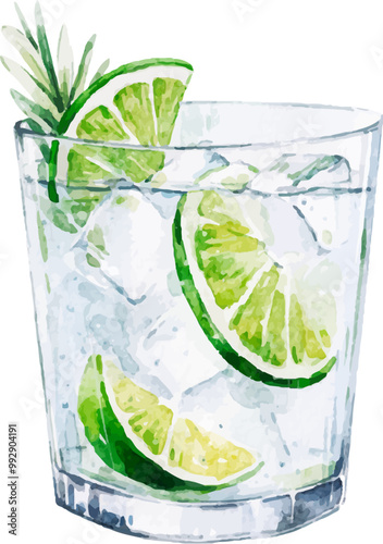 Watercolor vector Gin Tonic illustration. Alcohol long drink clipart. Glass of cocktail. Club shake beverage hand drawn illustration. Stock print.