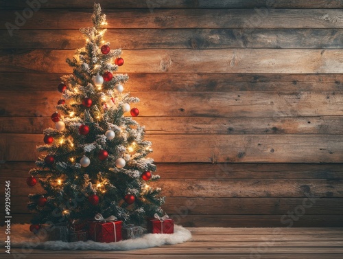 2408 7.A Christmas tree adorned with red and white baubles, glowing softly under warm lights, stands against an aged wooden backdrop. The natural wood grain contrasts beautifully with the festive