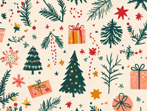 2408 12.A Christmas pattern filled with holiday icons like Christmas trees, presents, garlands, stars, and twigs, all illustrated in a cute Memphis boho style. The hand-drawn elements are arranged in