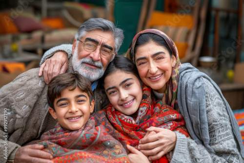 Happy family members of Indian ethnicity embracing together with smiling faces,