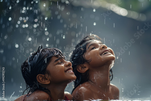 Little children of Indian ethnicity enjoying the rain in the outdoor