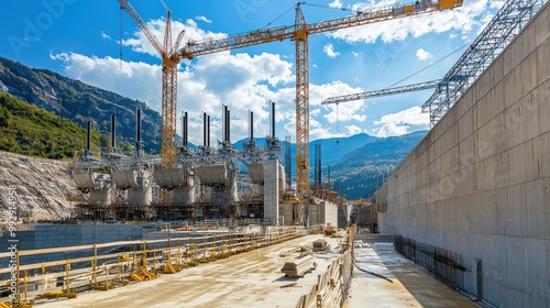 Image of a large hydroelectric power plant expansion, showing the construction of additional turbines and control facilities