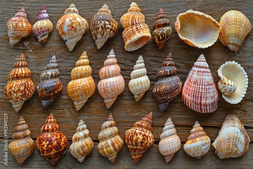 A Collection of Varied Seashells on a Weathered Wooden Surface