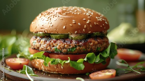 A beautifully plated vegan burger with fresh lettuce, tomato. Generative AI.