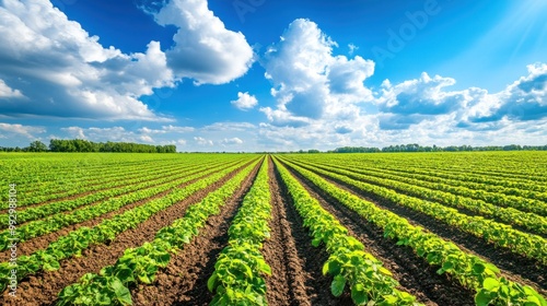 A vibrant green field with rows of crops under a bright blue sky and fluffy clouds.