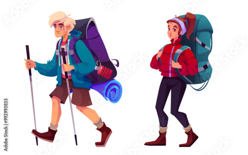 Male and female hiker tourist with backpack full of staff during walk adventure travel. Cartoon vector illustration set of active people with knapsacks on hike and camping journey. Trekking persons.