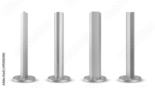 3d metal steel pole. Iron column pipe or post sign vector. Aluminium pillar for billboard advertising construction with circle base. Silver street signpost stick mockup concept. Streetlamp holder set