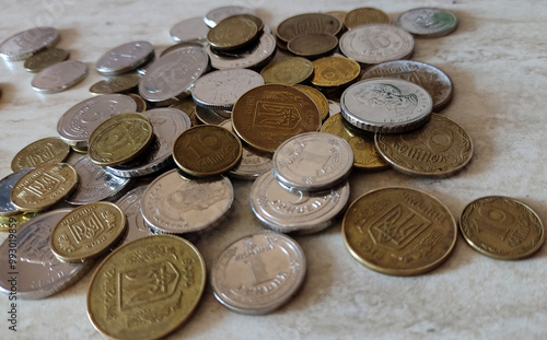 coins, set of coins kopecks Ukrainian coins on the table 