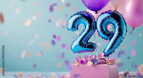 Festive blue number 29 balloons with colorful confetti and cake for a milestone birthday or anniversary Cheerful and joyful party against a plain studio background