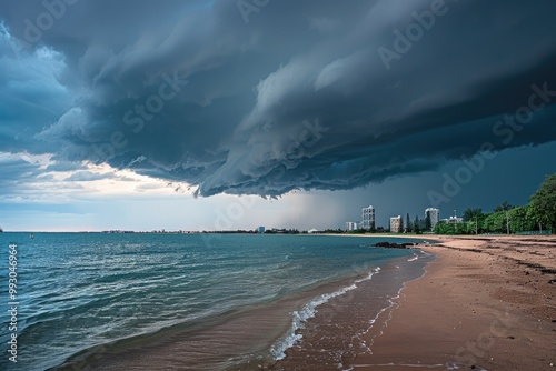 Dark Storm Clouds over Ocean and Darwin City. Coastal Landscape with Beach View