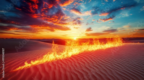 A line of fire burning through a desert at sunset, with a dramatic sky of orange and blue. Concept: Power of nature and resilience.