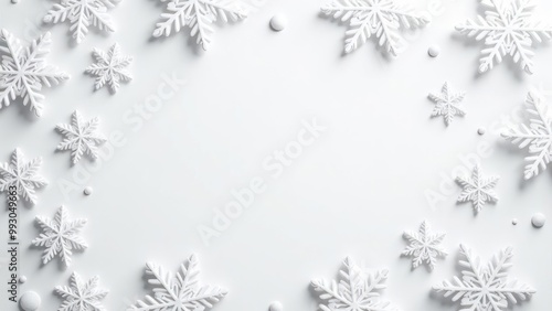 White background with decorative snowflakes placed around the frame, copy space in the center Concept: winter background, snowflakes design, Christmas decoration, festive border, seasonal frame