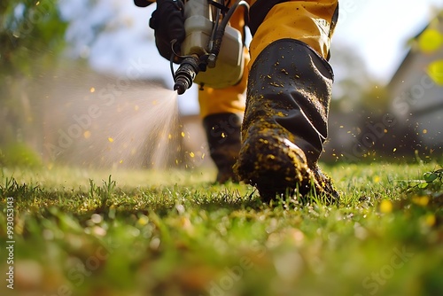 Photo of Lawn Care Worker Applying Fertilizer and Weed Control on Green Grass